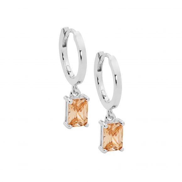 Sterling Silver Rhodium Plated Huggie Earrings With Champagne CZ Drops