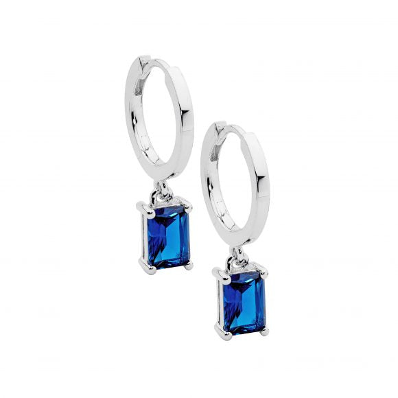Sterling Silver Rhodium Plated Huggie Earrings With London Blue CZ Drop