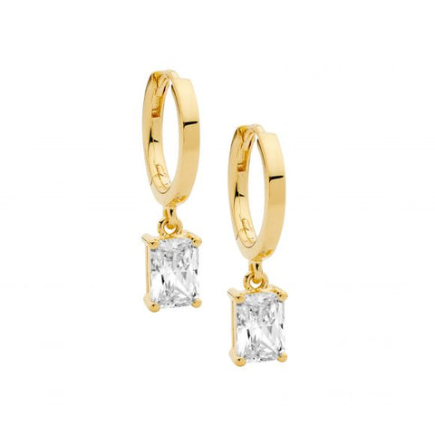 Sterling Silver Gold Plated Huggie Earrings With Radiant CZ Drop