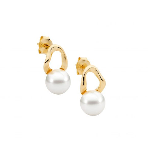 Sterling Silver Gold Plated Open Wave Freshwater Pearl Stud Earrings