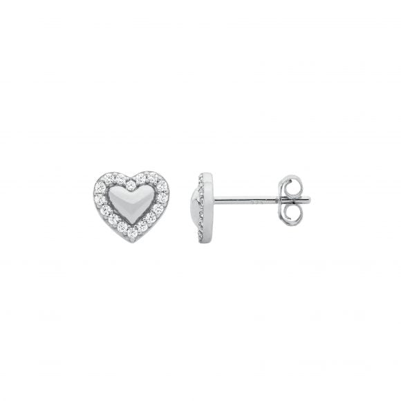 Sterling Silver Rhodium Plated Heart CZ Set Stud Earrings