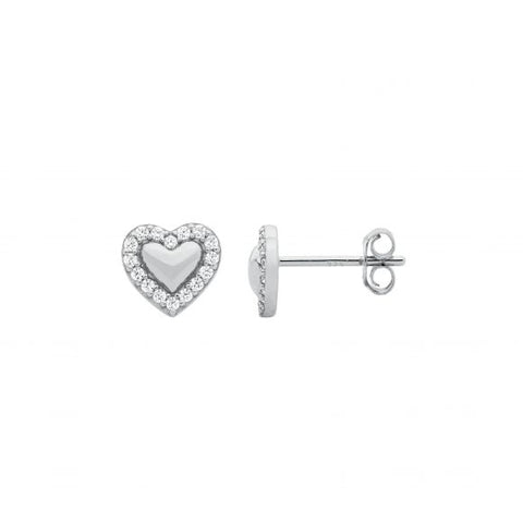 Sterling Silver Rhodium Plated Heart CZ Set Stud Earrings