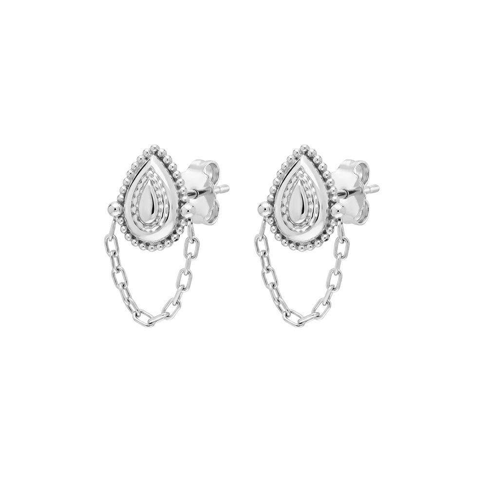 Sterling Silver Teardrop Motif Beaded Stud Earrings With Chain