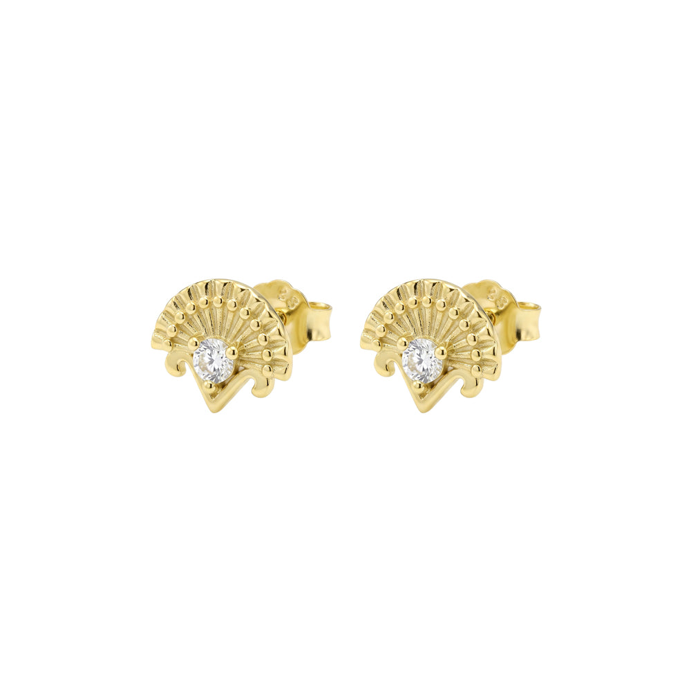 Gold Plated Fan-Shaped Cubic Zirconia Stud Earrings