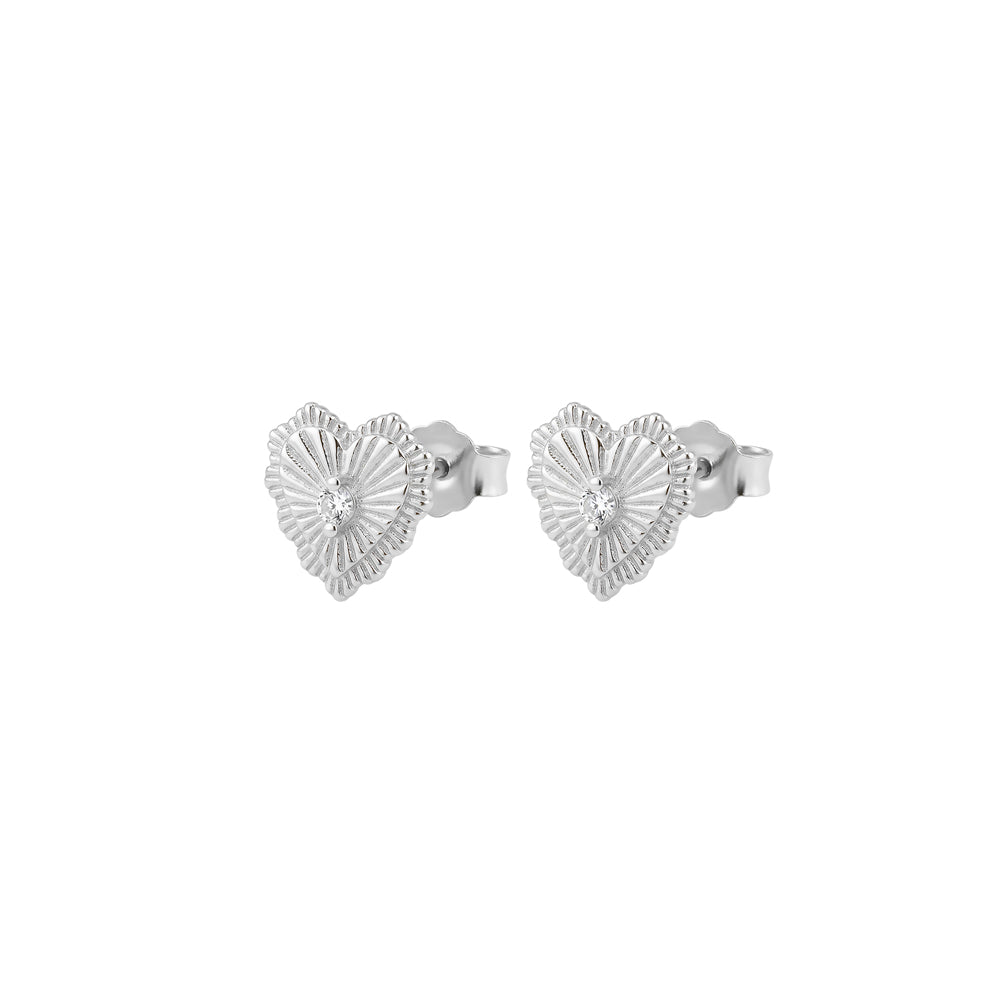 Sterling Silver Radiating Heart With Cubic Zirconia Stud Earrings