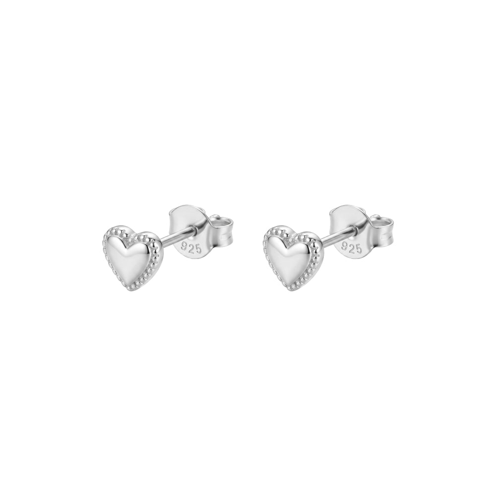 Sterling Silver Mini-Bead Border Heart Shape Stud Earrings