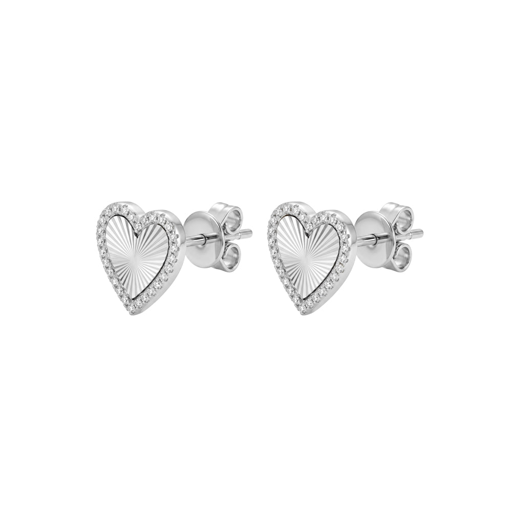 Sterling silver radiating CZ frame heart stud earrings
