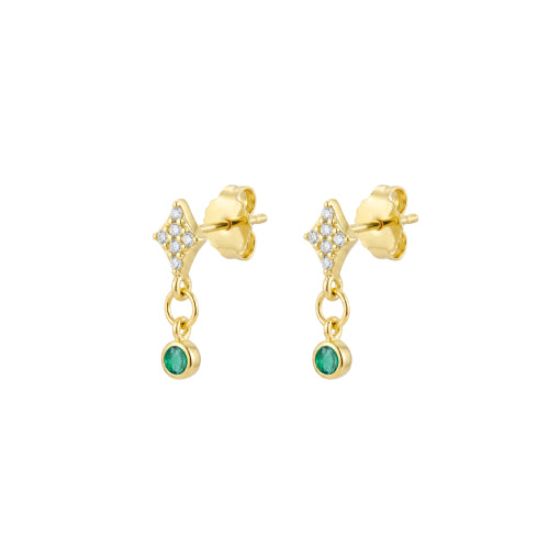 Gold Plated Pavé Cubic Zirconia And Mini Emerald Drop Earrings
