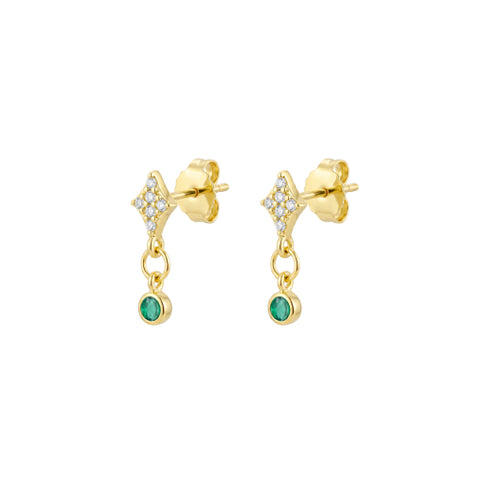 Gold Plated Pavé Cubic Zirconia And Mini Emerald Drop Earrings