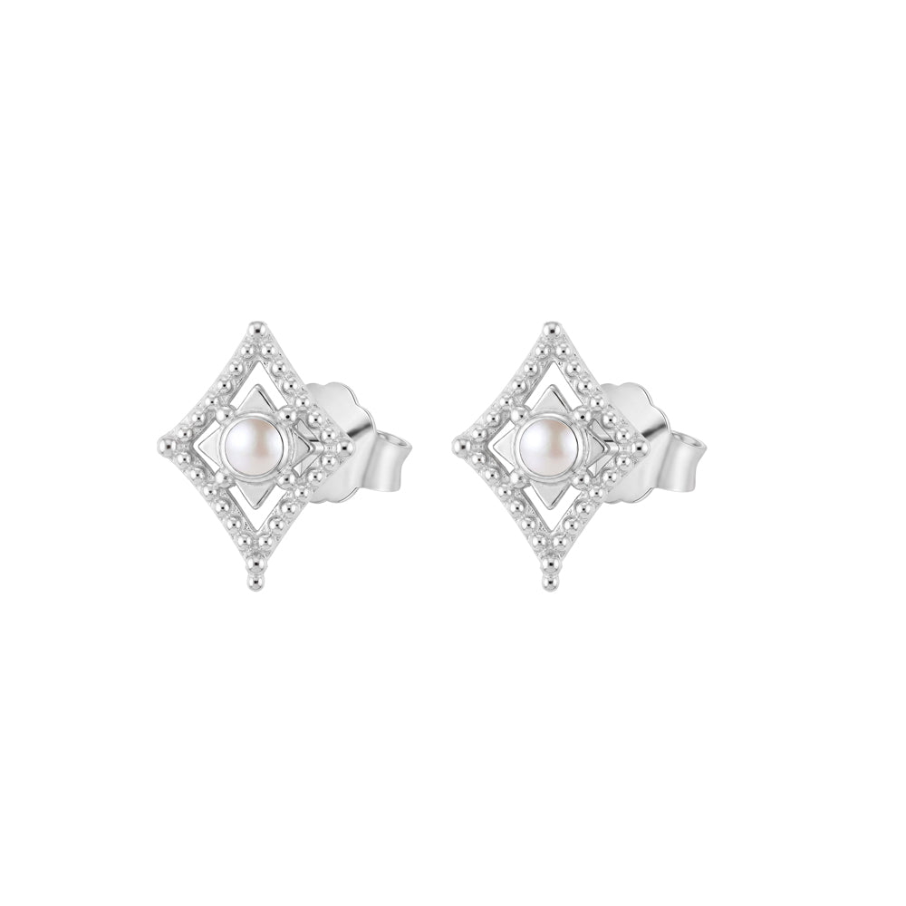 Sterling Silver Beaded Diamond Shape With Pearl Stud Earrings