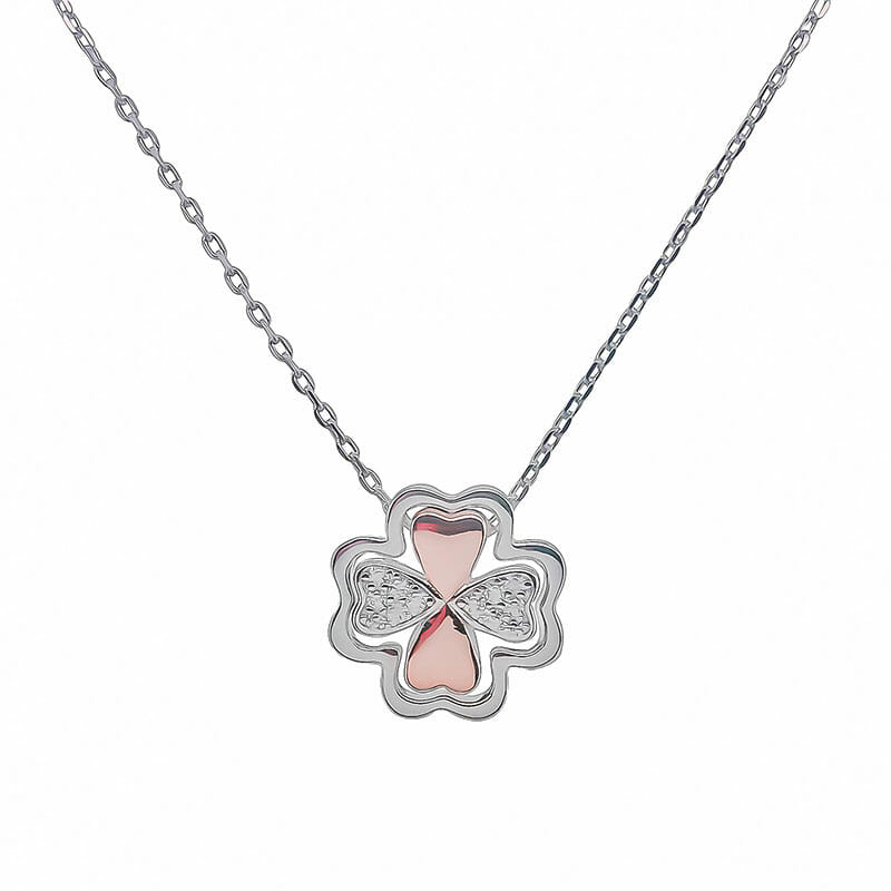 Sterling Silver Rhodium And Rose Plated Cubic Zirconia Clover Heart Necklet