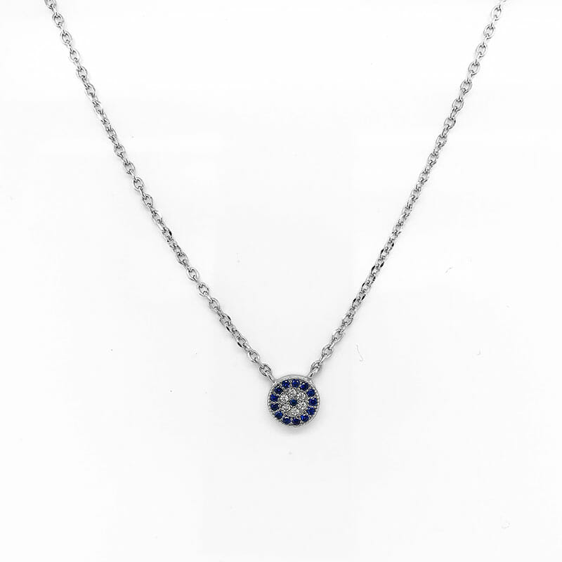 Sterling Silver Rhodium Plated Blue Cubic Zirconia Evil Eye Necklet