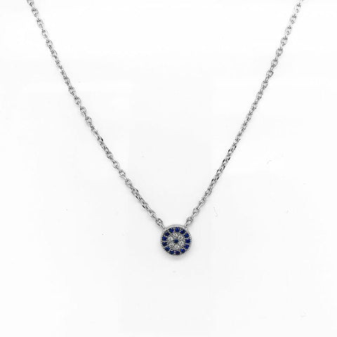 Sterling Silver Rhodium Plated Blue Cubic Zirconia Evil Eye Necklet