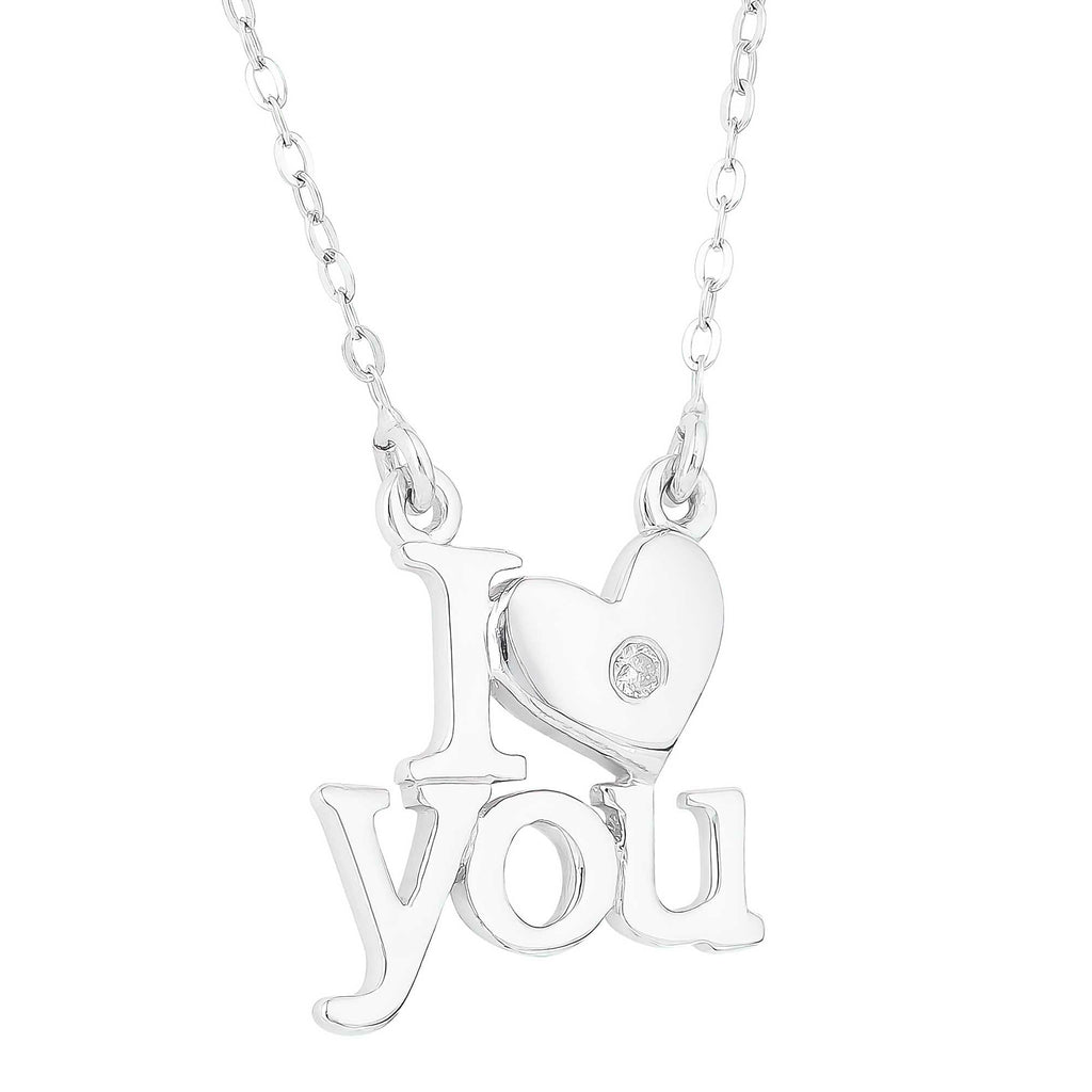 Sterling Silver Rhodium Plated Pendant Necklace 'I Love You' Diamond Set