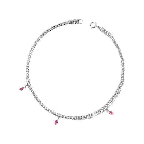 Sterling Silver Layered Anklet With Dangling Pink Charms