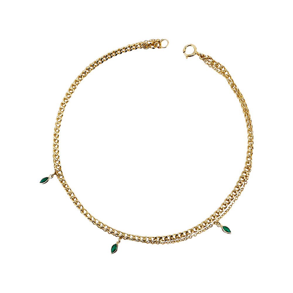 Sterling Silver Gold Plated Layered Anklet With Dangling Green Charms