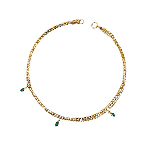 Sterling Silver Gold Plated Layered Anklet With Dangling Green Charms