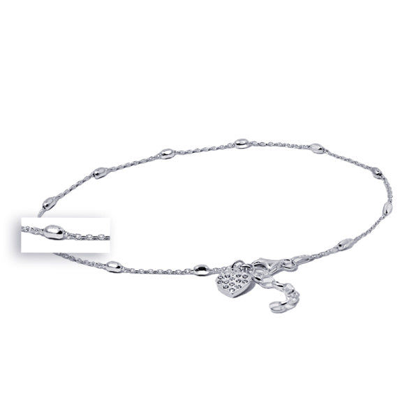 Sterling Silver Beaded Anklet With Cubic Zirconia Heart Charm
