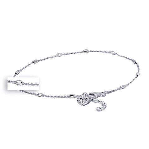 Sterling Silver Beaded Anklet With Cubic Zirconia Heart Charm