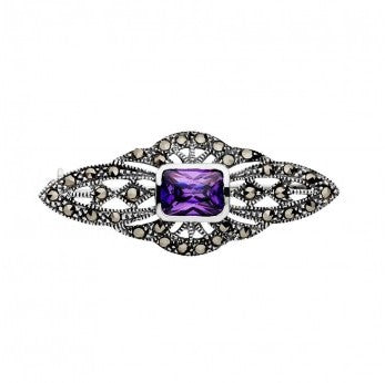 Sterling Silver Marcasite & Purple Cubic Zirconia Brooch