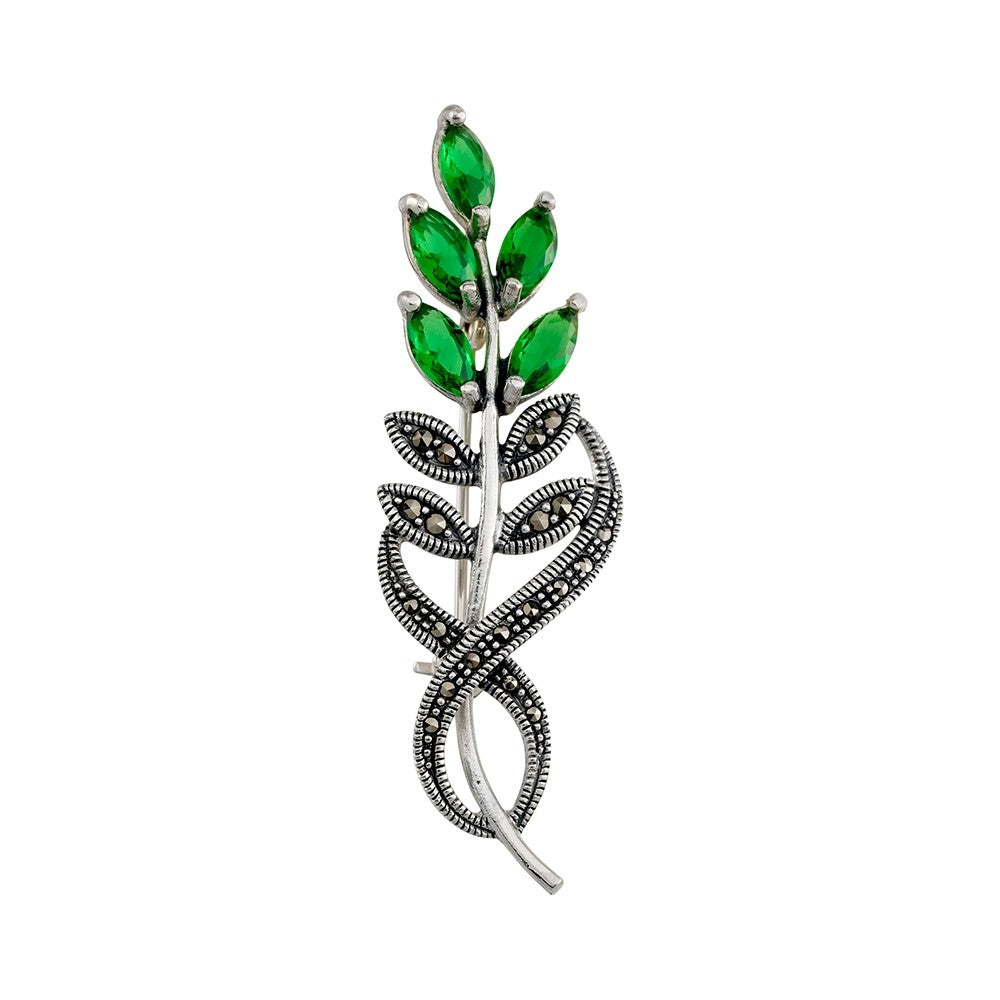 Sterling Silver Marcasite Brooch With Green Cubic Zirconias