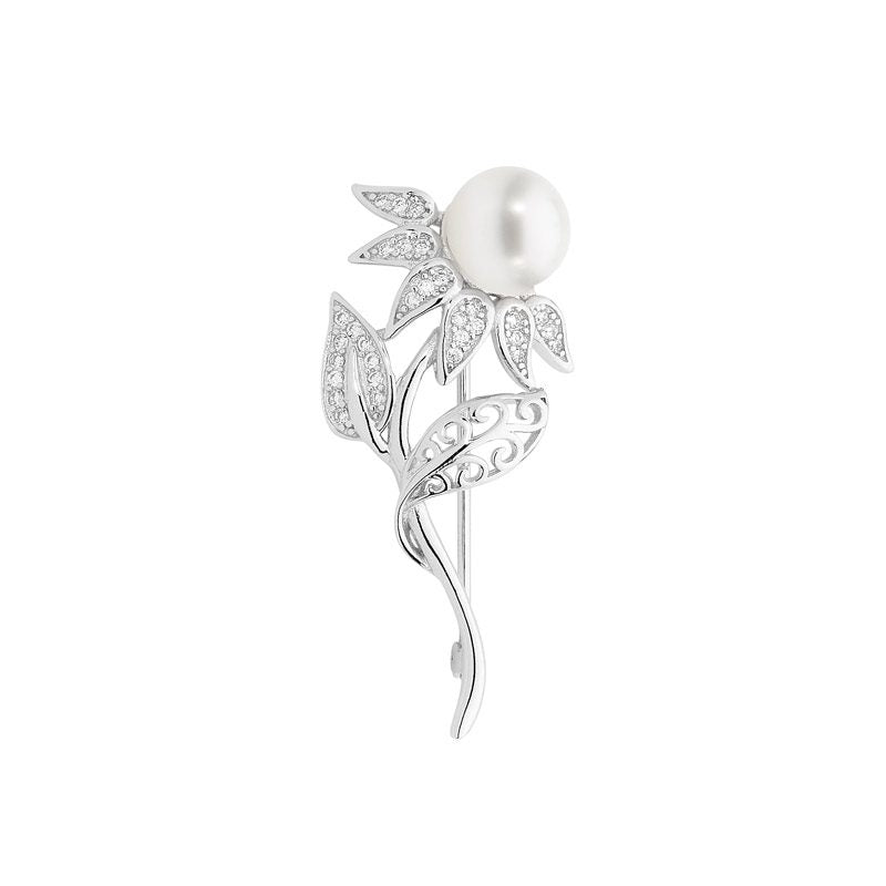 Sterling Silver Cubic Zirconia Flower Brooch With Freshwater Pearl