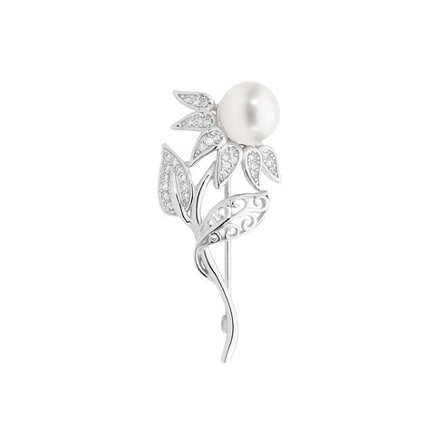 Sterling Silver Cubic Zirconia Flower Brooch With Freshwater Pearl