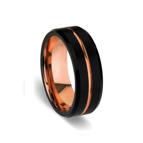 Tungsten Mens IP Brushed Black And Rose Gold Plated Ring