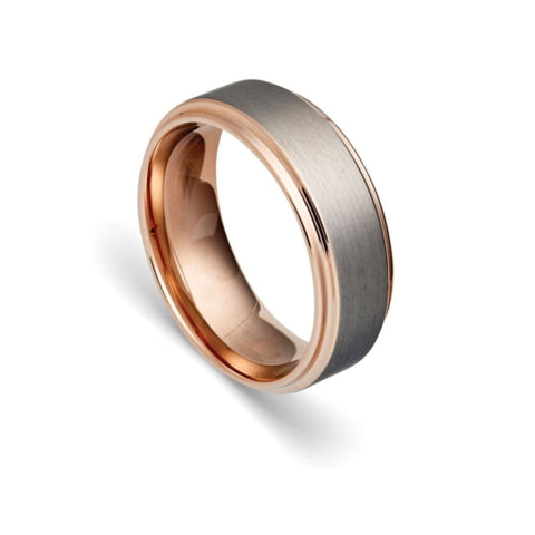 Tungsten Mens Grey Ring With Rose Gold Edging