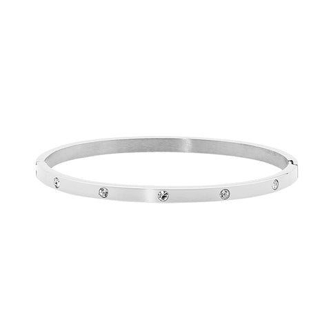 Stainless Steel Hinged Wide Bangle With Cubic Zirconias