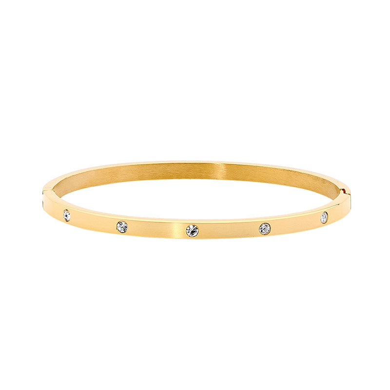 Stainless Steel Gold Plated Hinged Wide Bangle With Cubic Zirconias