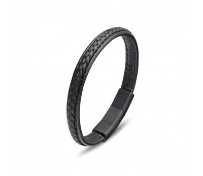 Stainless Steel Mens Black Leather Bangle