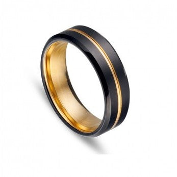 Mens Tungsten Gold And Black Plated Brushed Silver Ring Band