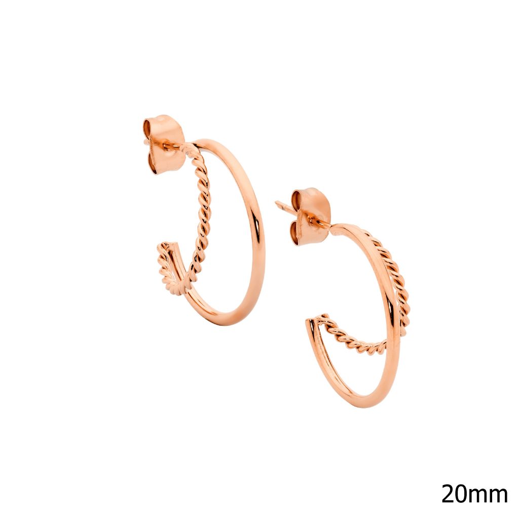 Stainless Steel Rose Gold Plated 20mm Double Hoop Twist Earrings