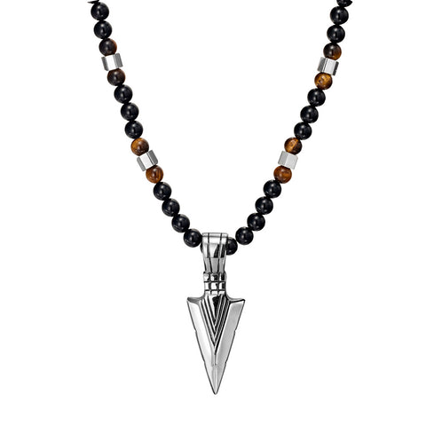 Blaze Stainless Steel Arrow Pendant With Black Onyx And Tiger Eye Necklace