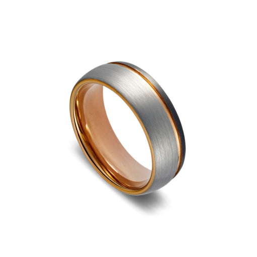 Mens Tungsten Rose Gold And Black Plated Brushed Silver Ring Band