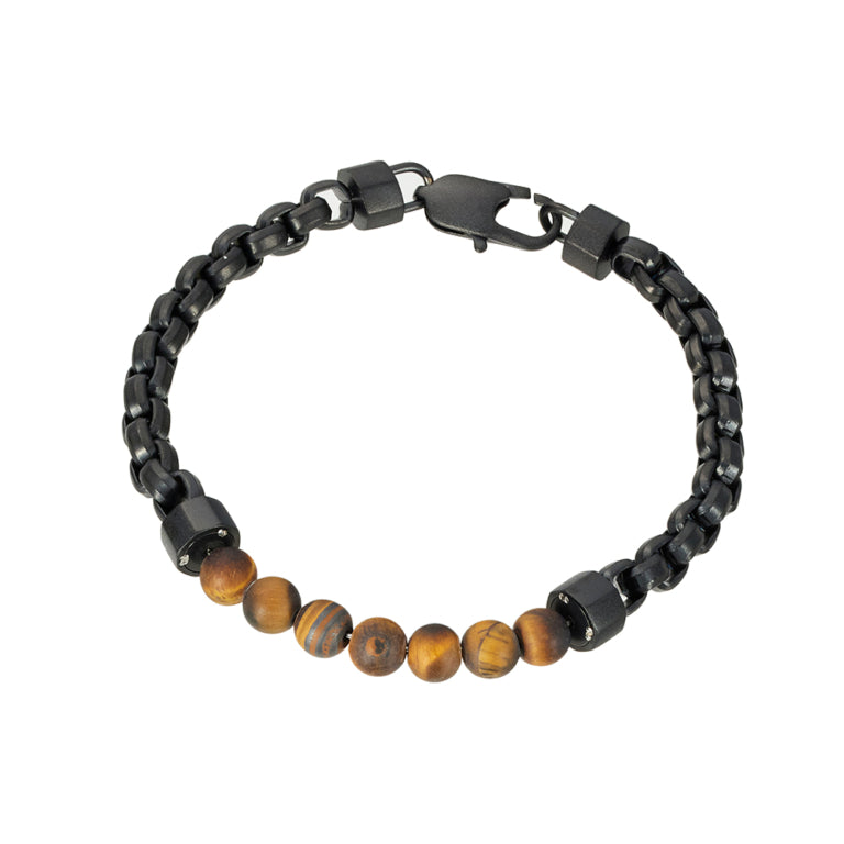 Gents Matte Black Stainless Steel Yellow Tiger Eye Bracelet