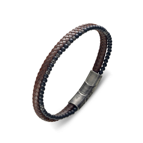 Gents Black Agate Bead And Leather Bracelet