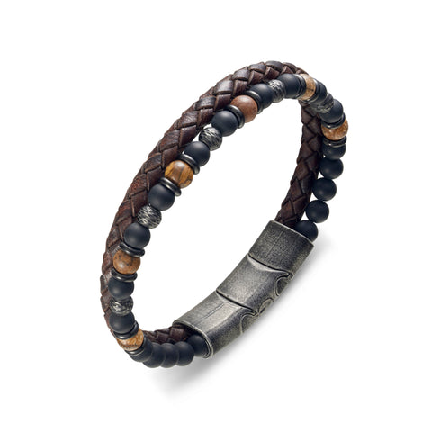 Gents Matte Black Agate Stone And Leather Bracelet