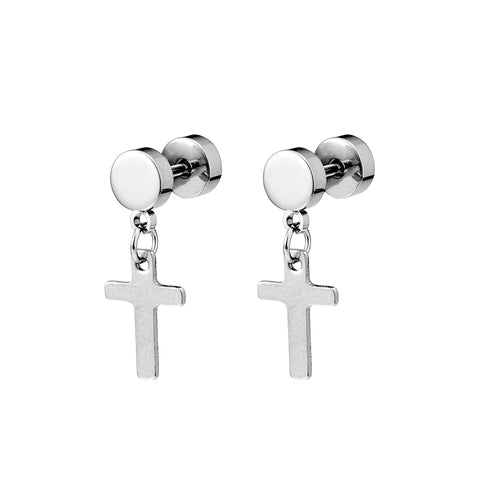 Gents Stainless Steel Stud Earring With Hanging Cross