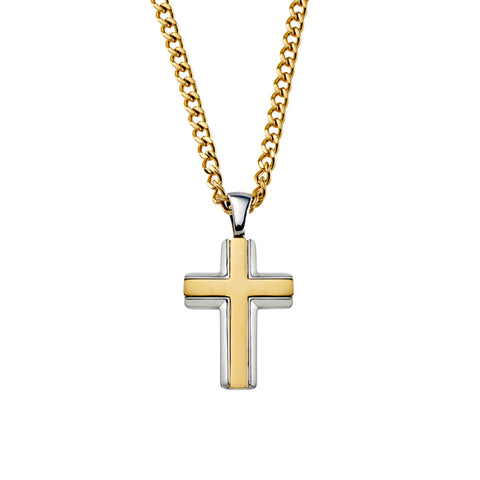 Gents Stainless Steel Two Toned Cross Pendant Necklace