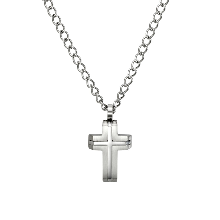 Gents Stainless Steel Brushed Cross Pendant Necklace