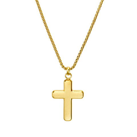 Gents Stainless Steel Gold Plated Round Edged Cross Pendant Necklace
