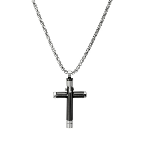 Gents Rounded Black Stainless Steel Cross Pendant Necklace