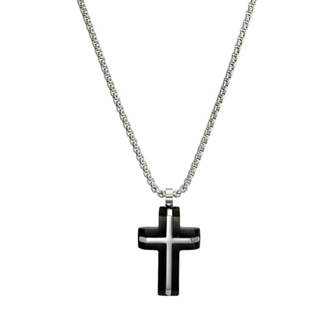 Gents Black And Stainless Steel Inlay Cross Pendant