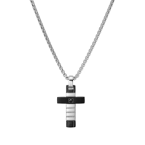 Gents Shiny Stainless Steel And Matte Black Cross Pendant