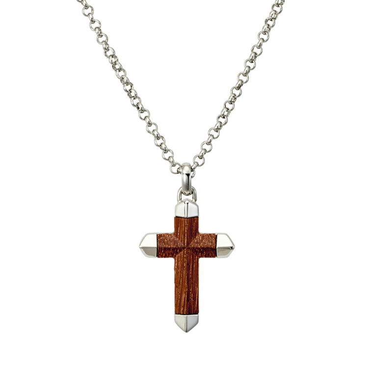 Gents Stainless Steel Necklace With Wood Inlay Cross Pendant
