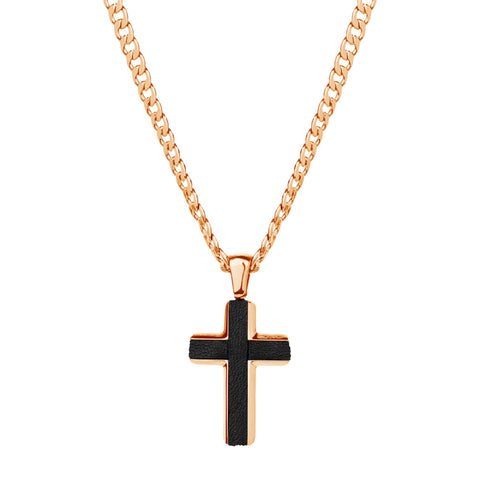 Gents Stainless Steel Rose Gold Plated Black Leather Cross Pendant