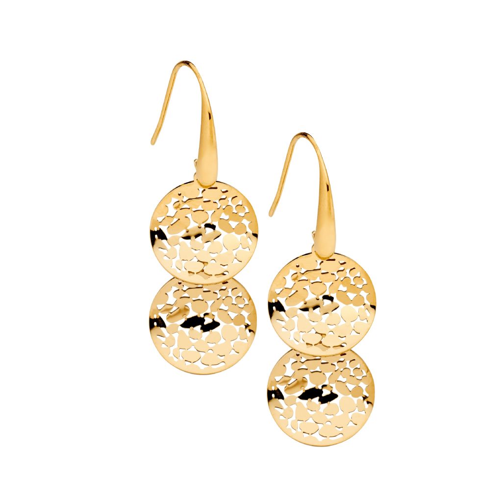 Stainless Steel Gold Plated Wave Disk Hook Earrings