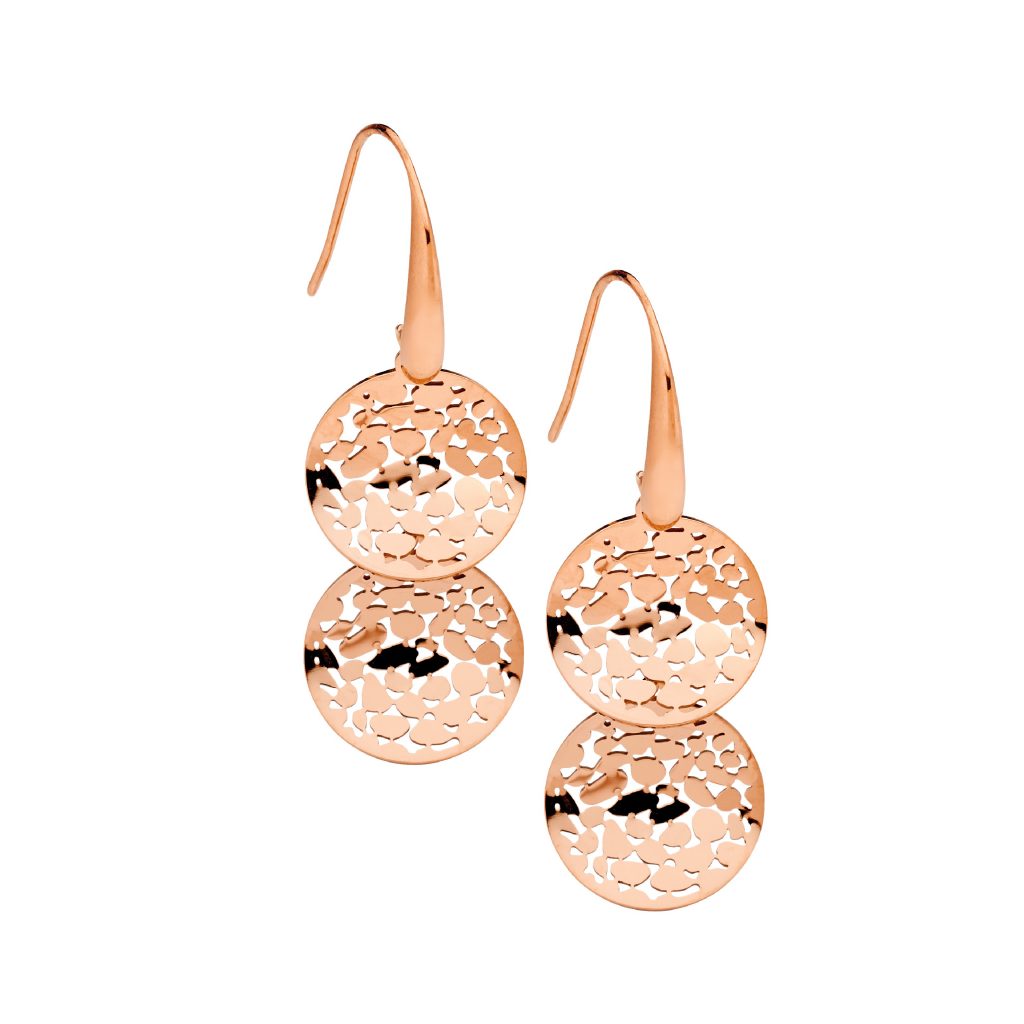 Stainless Steel Rose Gold Plated Wave Disk Hook Earrings